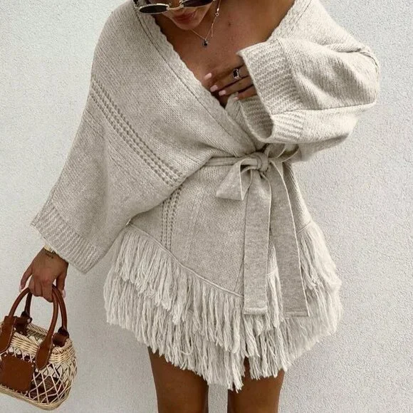 Khaki Elegant Women's Drop Shoulder Hollow Out Cardigan - Picture 4 of 11